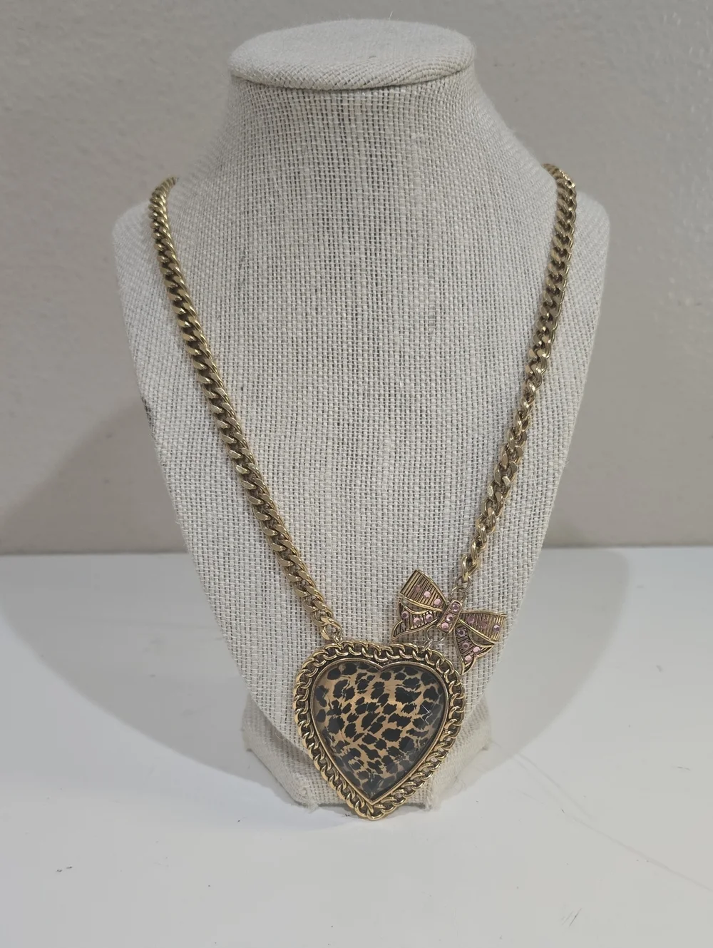 Betsey Johnson Gold-Tone Heart Necklace with Leopard Print and Pink Bow
